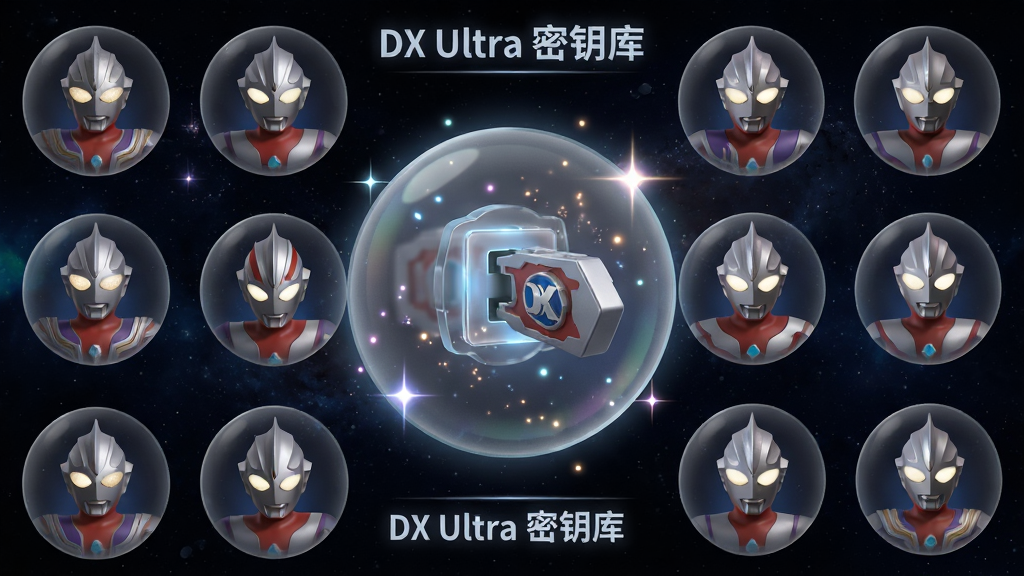 ���壺DX Ultra��Կѡ����棬����Ϊ��ɫ�����ǿգ�����Ϊ����״���е�Բ����Կͼ�꣬ÿ��ͼ����ӡ�а�����ͷ������ѡ������Ŵ���ʾ��Կ���붯�������Ϊ��͸��������̬��ϸ�ڰ�����˸�ǹ���������Ч������ϸ�壬�ɾ��޶���Ԫ�أ�ͼƬ�����ֱ�ע