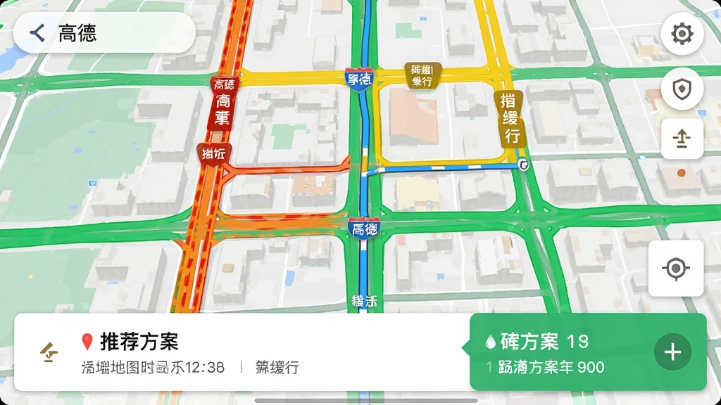 高德地图实时路况界面,地图上道路颜色区分,红色拥堵,黄色缓行,绿色畅通,底部路线卡片显示推荐方案,设计直观,色彩鲜明,画质高清