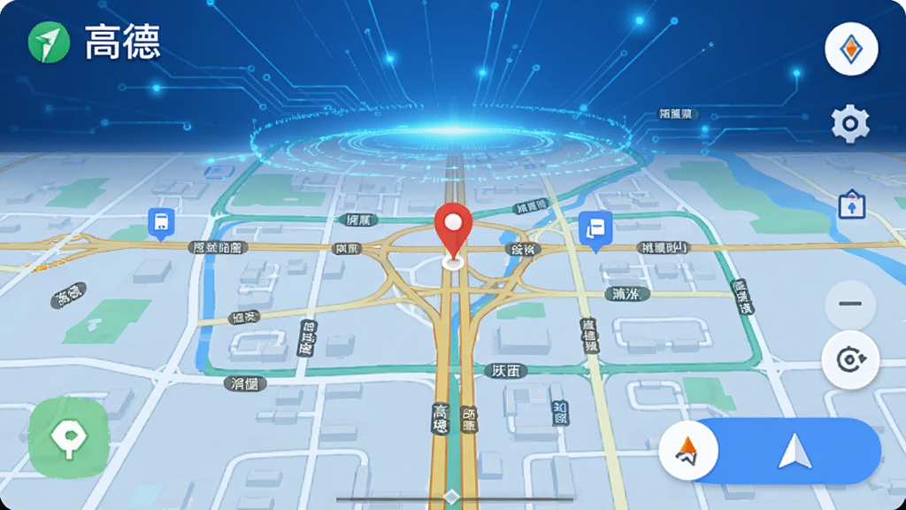 高德地图主界面展示,蓝色科技感背景,地图道路清晰,右下角有导航按钮,整体风格简洁现代,界面布局规整,画质高清,干净无多余元素