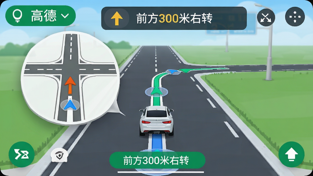 高德地图导航界面,车辆图标行驶在道路中央,前方路口放大示意图,语音播报条显示“前方300米右转”,UI设计现代,色彩鲜明,细节丰富,画质清晰
