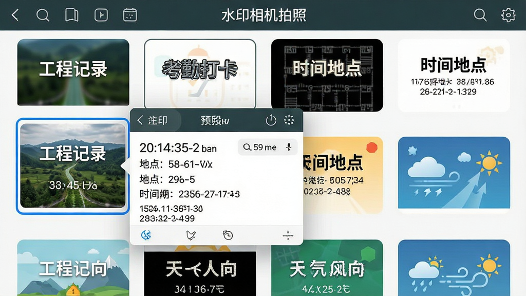 主体:水印相机拍照免费的模板选择界面截图,屏幕上展示多款水印模板缩略图,包括“工程记录”、“考勤打卡”、“时间地点”、“天气风向”等风格。布局:界面以网格形式排列模板,左侧选中一个模板并弹出预览窗口。排版:模板名称标注清晰,选中模板有蓝色边框。风格:扁平化UI设计风格,色彩明快。细节:模板预览中可见具体的时间、地点、经纬度文字。画质:高清,干净,无多余元素。