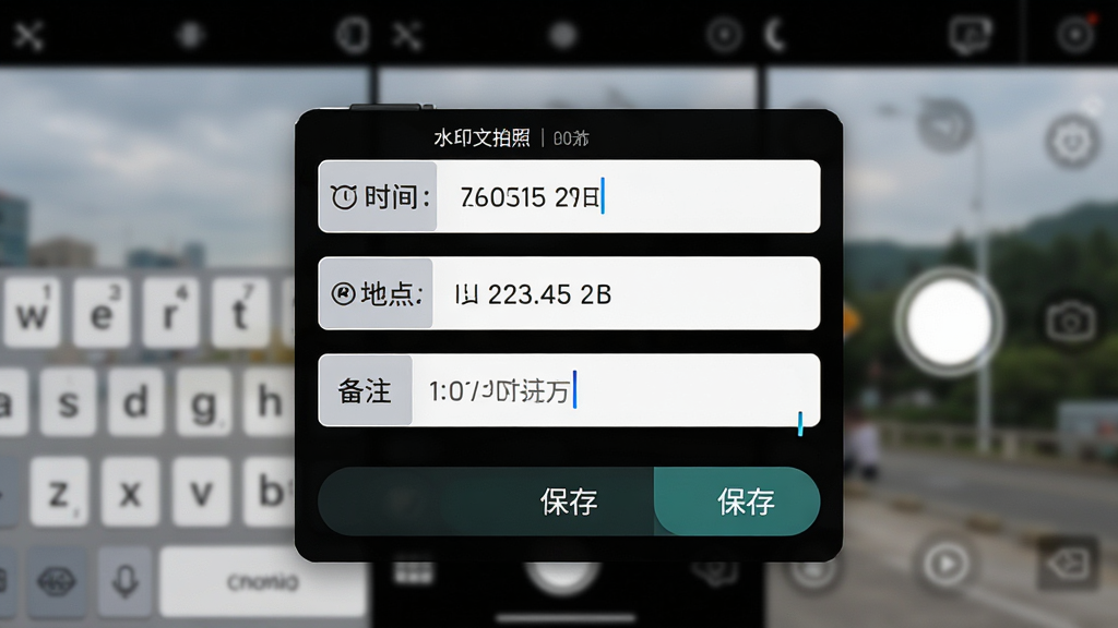 主体:水印相机拍照免费的编辑界面,聚焦于水印文字编辑框,其中时间、地点字段可修改,旁边有键盘输入。布局:编辑框居中放大,背景虚化显示拍摄预览。排版:从上到下依次为时间、地点、备注编辑行。风格:简洁的移动端界面设计。细节:光标闪烁,有“保存”按钮。画质:高清,干净,无多余元素。