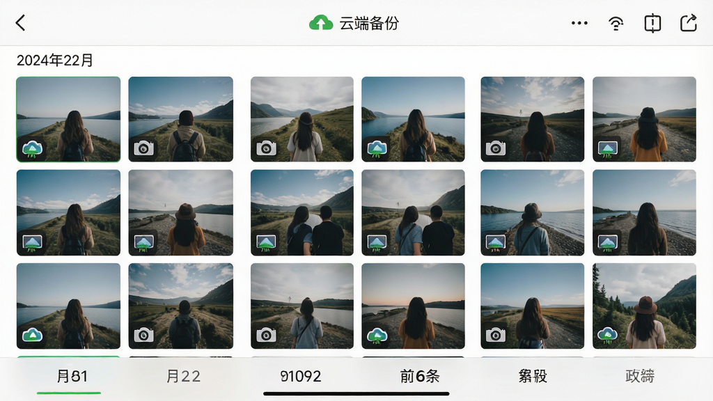 主体:水印相机拍照免费的相册管理界面,照片按日期和水印类型分类展示,顶部有“云端备份”状态图标。布局:三列网格缩略图,底部有分类标签栏。排版:缩略图大小均匀,每个缩略图左下角有小型水印图标。风格:清爽的简约风格。细节:云备份图标显示已完成。画质:高清,干净,无多余元素。