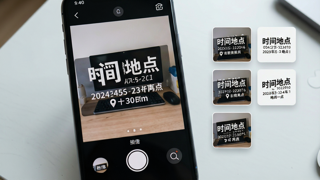 主体:一部智能手机屏幕展示水印相机拍照免费的应用界面,画面中央是一张带有清晰“时间地点”水印的实拍照片,水印文字显示具体日期、时间和地点名称。布局:手机位于画面中心偏左,右侧悬浮着几个水印样式缩略图,整体呈平视构图。排版:手机界面内照片占大部分,水印文字醒目,下方有拍摄按钮。风格:写实风格,光线明亮自然,细节丰富。细节:水印文字清晰可读,界面图标精致,背景为干净的浅灰色桌面。画质:高清,干净,无多余元素。