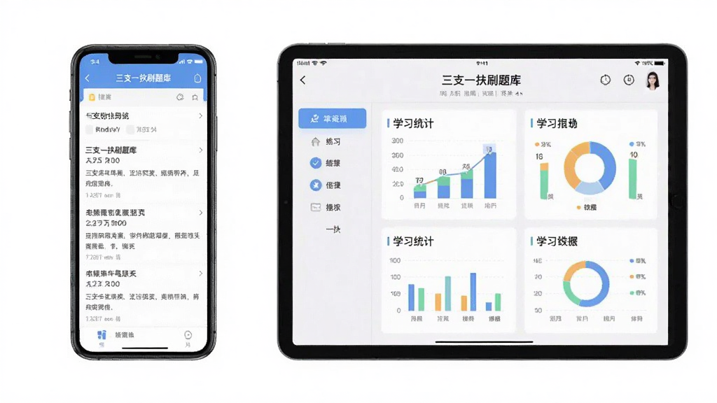 展示“三支一扶刷题库”应用在手机和平板上的使用场景,左侧为手机界面显示练习题目,右侧为平板界面显示学习统计图表,整体色调明亮清晰,构图平衡,画质干净无多余元素