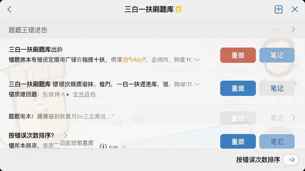三支一扶刷题库软件错题本界面截图,列表展示错题题目,左侧为题目内容,右侧为“重做”“笔记”功能按钮,底部有“按错误次数排序”筛选选项,整体视觉简洁清晰,画质干净