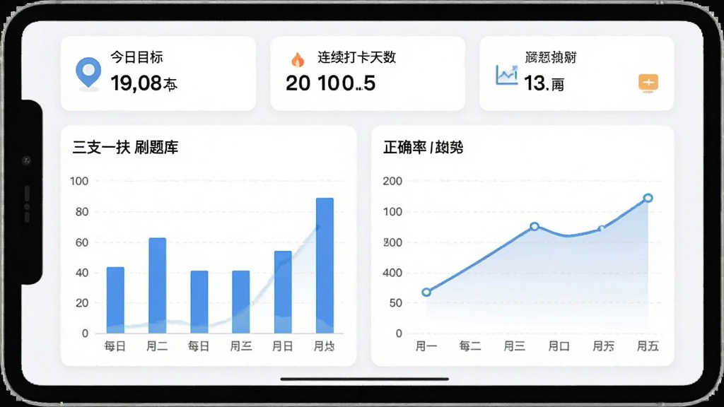 一张三支一扶刷题库软件的学习统计页面预览图,以柱状图和折线图形式展示每日刷题量与正确率变化趋势,顶部显示“今日目标”“连续打卡天数”等数据卡片,整体风格简洁清晰,画质干净