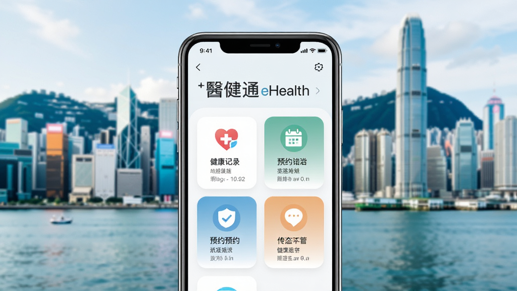 主体为智能手机屏幕展示健通eHealth应用界面,界面显示健康记录、预约功能图标,背景为香港维多利亚港城市天际线,布局采用居中构图,排版清爽简洁,风格现代医疗科技感,细节包括界面上的“健通eHealth”字样和彩色功能图标,画质高清明亮,干净无多余元素