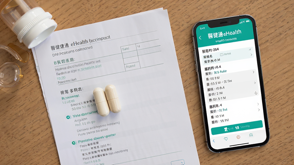 主体为药丸和处方单摆放在桌面上,旁边手机显示健通eHealth药物提醒界面,布局为平铺视角,排版整洁,风格专业医药感,细节包括界面上的药物名称和服药时间表,画质高清晰度,干净无多余元素