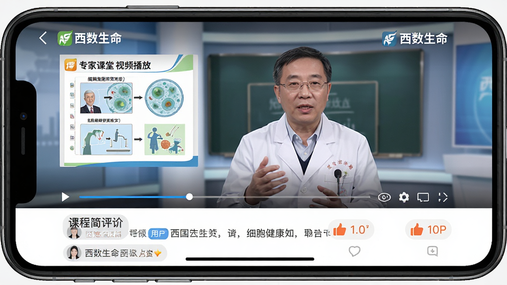 ���壺��������APP�ڵġ�ר�ҿ��á���Ƶ����ҳ�棬��Ļ��������һλҽѧר�ҽ���ϸ�������Ŀγ̡����֣��ֻ�������ʾ����Ƶ����ռ���Ϸ�����֮�����·�Ϊ�γ̼���������б����Ű棺��Ƶ������������ʦ���ڻ������룬�����PPT�õ�Ƭ����չʾ�����רҵ������񣬱���Ϊ�����ݲ��ҡ�ϸ�ڣ������пɼ��������������ĽǱ꣬��Ƶ���������������������û�����ͼ�ꡣ���ʣ�1080P���壬ɫ����Ȼ���޶���Ԫ�ء�
