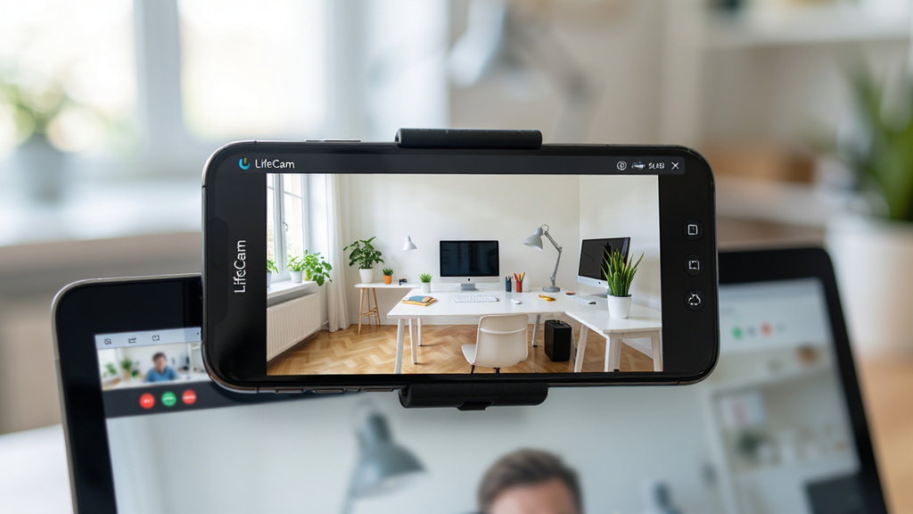 ���壺һ������LifeCam�����������ֻ��������ڱʼǱ�������Ļ�Ϸ����ֻ���Ļ��ʾ���ڲ�׽���������档���֣��ֻ���Ļ����ͷ�������г���һ����������������ڰ칫������������Ļ��ʾ��Ƶͨ�����档�Ű棺��������ͻ���ֻ�����Ե�������ϵ�������黯�����дʵ�Ƽ��У�����������Ȼ��ϸ�ڣ��ֻ���Ļ�ϵĻ�������������ɫ�ʱ����������������ִ������ʣ�8K�����壬ϸ�ڷḻ���ɾ��޶���Ԫ�ء�
