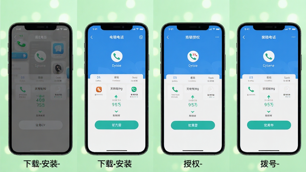 һ��չʾ�������绰����װ������ֻ���ͼƴ��������������ĸ��������е��ֻ���Ļ���ֱ����������-��װ-��Ȩ-���š��ĸ��׶Σ�ÿ����Ļ�·���ע��Ӧ�������ƣ�����Ϊǳ��ɫ��⣬��������ֱ�ۣ����ʸɾ���
