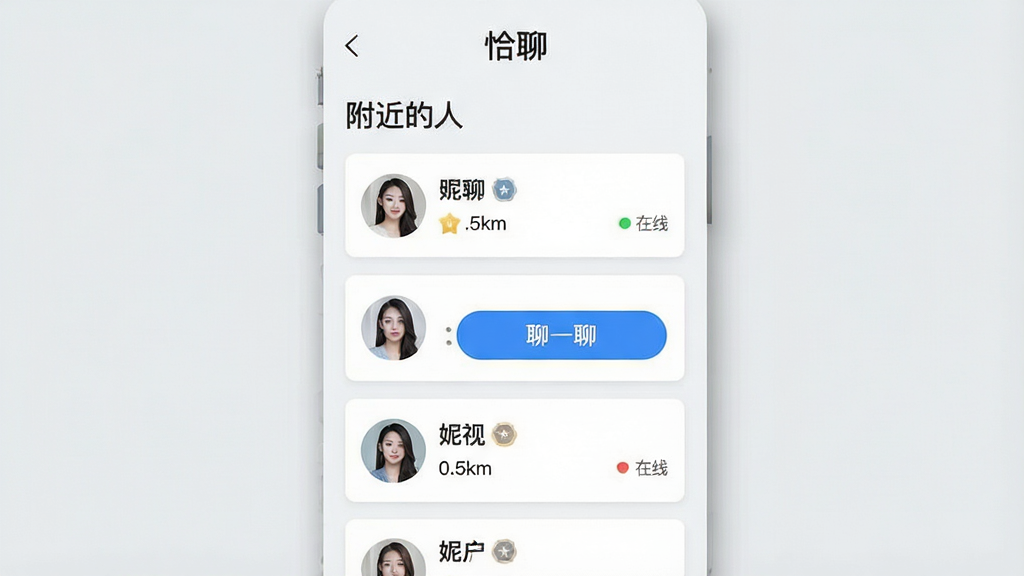 ���壺һ��ǡ��App�ġ�ͬ���Ƽ���ҳ���ͼ������Ϊǳ��ɫ��ҳ�涥���С�ǡ�ġ��͡��������ˡ��������·��Կ�Ƭ��ʽչʾ��λ�û�ͷ���ǳơ����������״̬������һ�ſ�Ƭ�С���һ�ġ���ť������ʾ�����֣���ͼ���У�������ϸ΢��Ӱ��ģ���ֻ�����չʾЧ�����Ű棺�б�ʽ���֣���Ƭ�����ȣ���Ϣ�㼶������������¼�Լ���罻App��������ɫ�԰�ɫ����ɫΪ����ϸ�ڣ�ͷ���������ǳ����еȼ����£�������ʾ��0.5km�������ʸɾ����޶���Ԫ�ء�