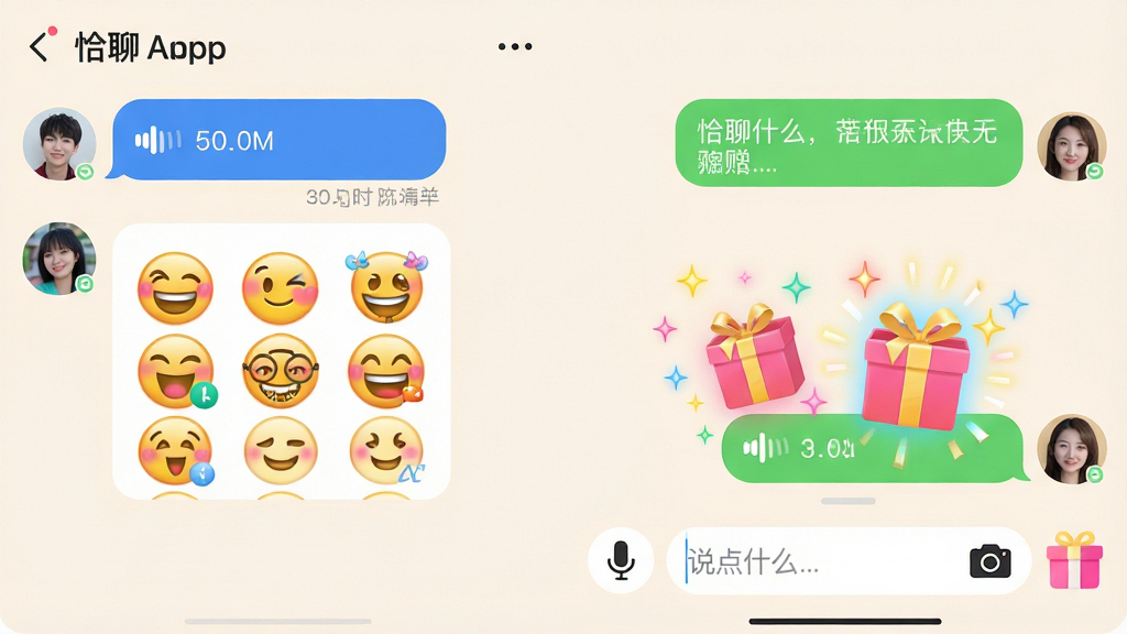 ���壺ǡ��App������Ի����棬����Ϊǳɫ������ǶԷ����͵��������ݺͱ�������Ҳ����û��ظ������ֺ����͵��������ﶯ��������ײ�����˷硢���������ͼ�ꡣ���֣��Ի���Ϣ�������У�����Բ�󣬽���Ԫ�ؼ�������Ļ�в����Ű棺���ҷ��У����������������沼�֡���񣺻����������罻��񣬲�ɫ�����������Ч���ԡ�ϸ�ڣ�����������ʾʱ������������˸�Ĺ�Ч��������С�˵��ʲô...����ʾ���֣����ʸ��壬�ɾ����޶���Ԫ�ء�
