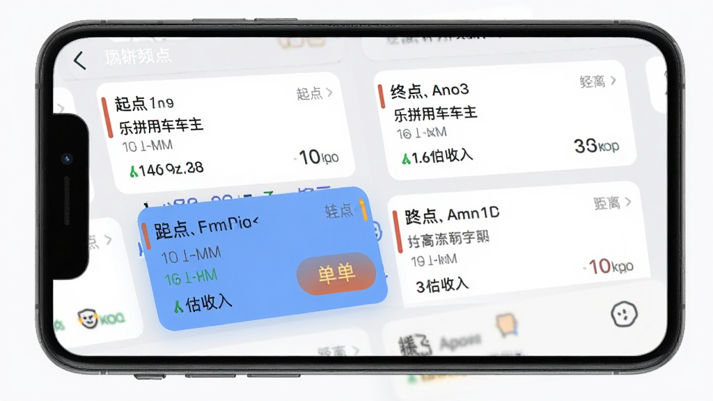 չʾ����ƴ�ó�������APP�ж������ͽ�����ֻ���ͼ����Ļ���ж��������Ƭ��ÿ�ſ�Ƭ������ע��㡢�յ㡢�����Ԥ�����룬����һ�ſ�Ƭ������ʾ����������ť������Ϊǳ��ɫ���������������ɶ���������дʵ��UIϸ�ڷḻ�����ʸɾ�����
