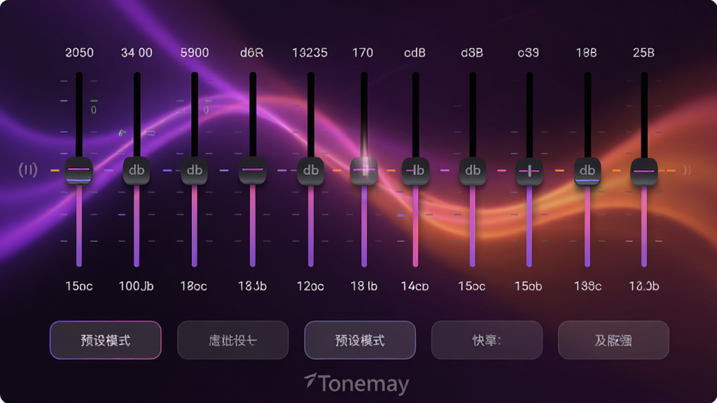 ���壺TonemayӦ��EQ���������ڽ��档���֣�����Ϊ10��Ƶ�ʵ��ڻ��飬�·�ΪԤ��ģʽ��ݰ�ť���Ű棺������������У�����Ƶ�ʱ�ʶ����񣺶�̬���ⱳ������ɫ���ɫ���䣬�����ɶ��С�ϸ�ڣ���������ʾdb��ֵ���ײ��С�Tonemay��ˮӡ�����ʣ��߱�����Ⱦ���ɾ��޶���Ԫ�ء�