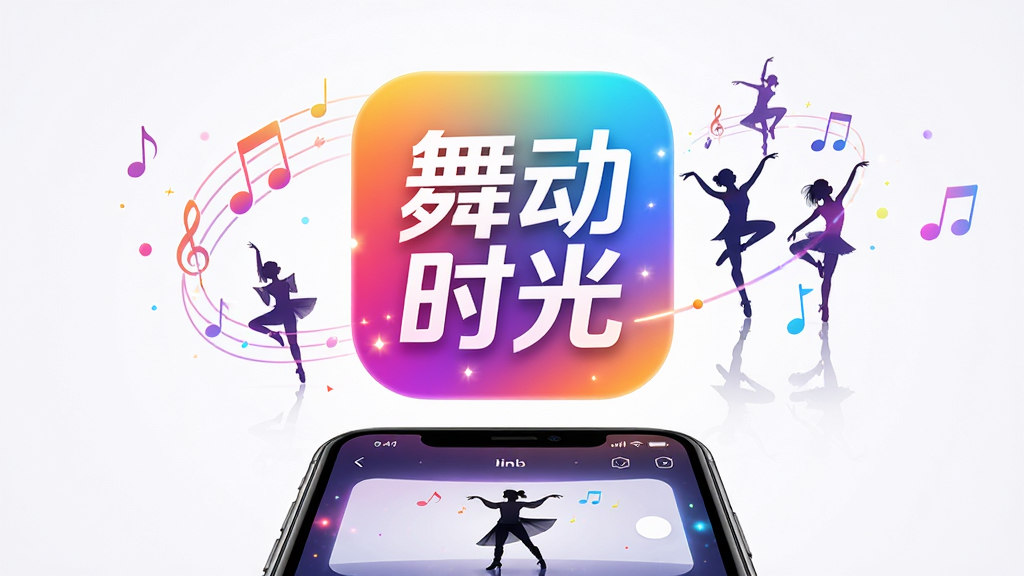 画面中央展示“舞动时光”应用图标,图标以炫彩渐变背景衬托,周围环绕音符与舞者剪影,下方摆放智能手机设备,屏幕亮起显示舞蹈教学界面,整体布局居中,排版简洁明快,风格现代活泼,细节包含光影反射与动态粒子效果,画质高清干净,无多余元素