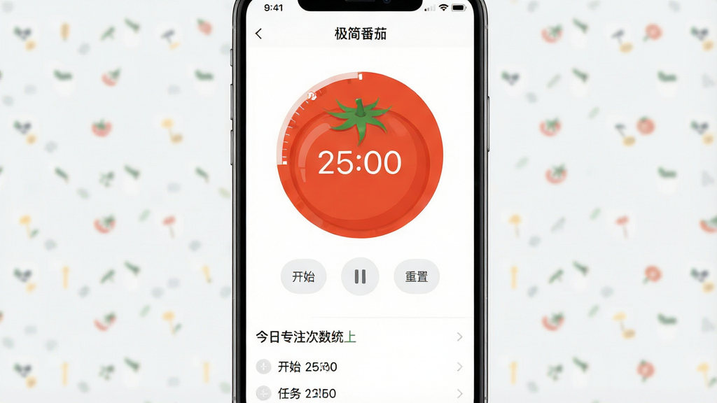 һ�Ÿ����ֻ���ͼ��չʾ�������ѡ������棬������ü����ɫ���������һ�����ķ��Ѻ�ɫԲ�μ�ʱԲ����Բ������ʾ����25:00���·���������������ť����ʼ����ͣ�����ã�����ײ��н���רע����ͳ�����������б������岼�ָɾ����ʣ�UI����ִ��������������޶���Ԫ��