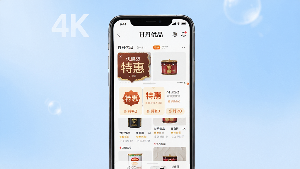 ��������չʾ�ʵ���ƷAPP���棬�ֻ���Ļ�ڳ�����Ʒ�ٲ������Ż�ȯ����������Ϊ��͵Ľ�����ɫ�������������ɾ���UI����ִ���ͻ�����ʵ���Ʒ��LOGO�롰�ػݡ�����������4K����ͼ���У�ϸ�ڷḻ���޶���Ԫ�ء�