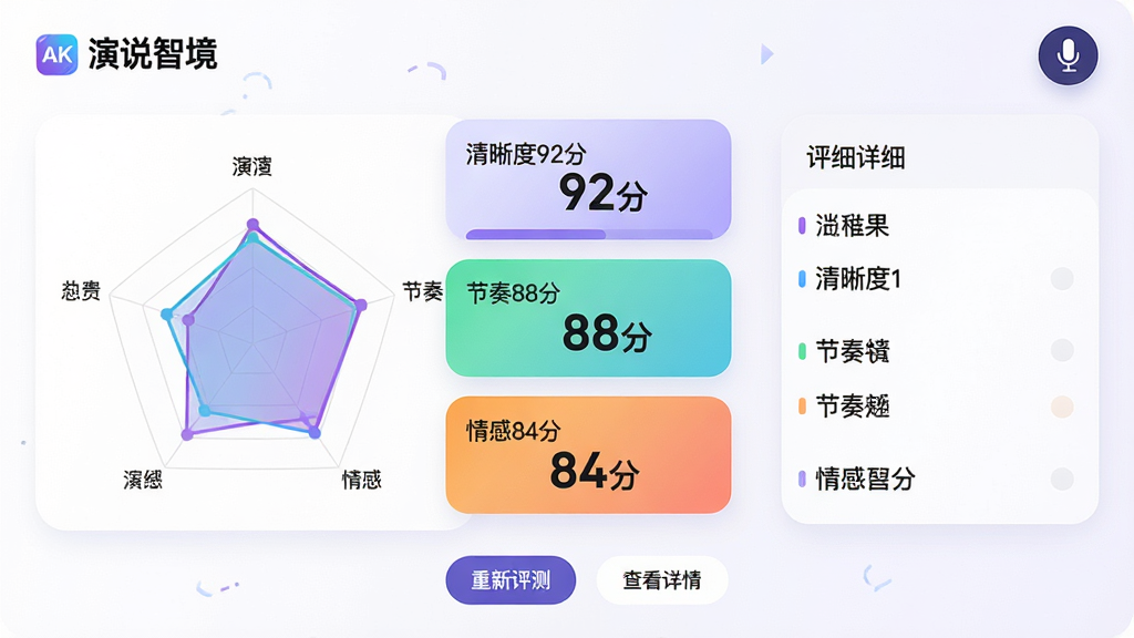 ���壺��˵�Ǿ�APP��AI������ҳ�棬��ʾ�״�ͼ��������֣�������������92�֡�������88�֡������84�֡��Ȳ�ɫ��Ƭ�����Ͻ�����˷�ͼ�ꣻ���֣���������Ƭ���У��״�ͼռ��࣬������ϸ���б���ʽ�������Ҳࣻ�Ű棺��ƬԲ����ƣ����������ô�żӴ����壬����Ϊ��ɫ�뵭��ɫ���䣻������ݿ��ӻ������ˬ������ϸ�ڣ���Ļ�����С���˵�Ǿ���Logo���ײ��С��������⡱���鿴���顱��ť�����ʣ�4K���壬�ɾ����޶���Ԫ��
