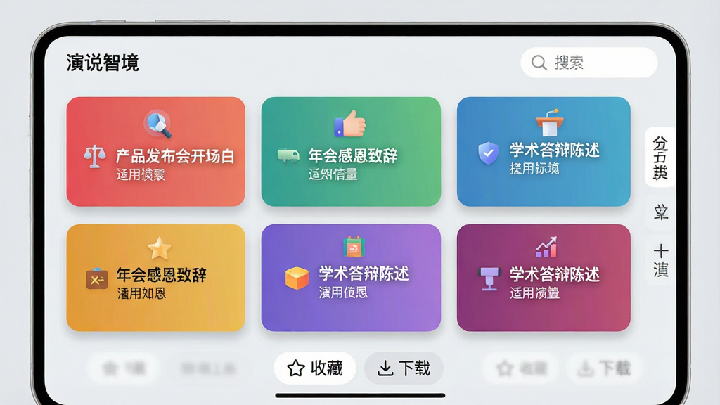 ���壺��˵�Ǿ�APP��ģ�����棬��Ļ��չʾ����ݽ�ģ�忨Ƭ���硰��Ʒ�����Ὺ���ס������ж��´ǡ���ѧ������������ÿ�ſ�Ƭ����һ��Сͼ�ꣻ���֣�ģ�忨Ƭ������״���У�ÿ����������Ļ�Ҳ����������ͷ���ɸѡ��ǩ���Ű棺��Ƭɫ�ʸ��죬Բ����Ӱ������Ϊǳ��ɫ����񣺽���������࣬�Ӿ���η�����ϸ�ڣ�ÿ�ſ�Ƭ��ʾģ�����ƺ����ó�������Ļ�ײ��С��ղء������ء���ť�����Ͻ��С���˵�Ǿ������������ʣ��߷ֱ�����Ⱦ���ɾ����޶���Ԫ��