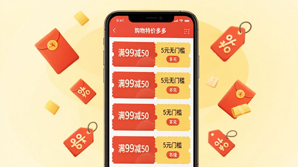 ͼƬ����Ϊһ��չʾ�������ؼ۶�ࡱӦ�����Ż�ȯ�б����ֻ���ͼ��������Ļ���ж����ɫ���ɫ�����Ż�ȯ��Ƭ��ÿ��ȯ����ע�š���99��50������5Ԫ���ż�������Ŀ���֡��ֻ���ΧƯ���ź�����ۿ۱�ǩ��Ԫ�أ�����Ϊ����ɫ���䡣���岼�������Ű����࣬�廭���ɫ�����ޣ�ϸ�ڷḻ�����ʸɾ����޶���Ԫ�ء�