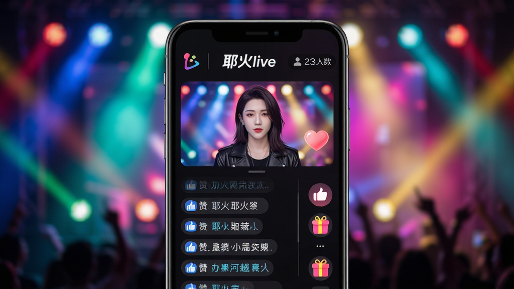 ����ֱ�����棬����ΪҮ��live�ֻ�Ӧ�ý��棬չʾ�������ֻ���Ļ�ϣ�������ɫ�����޵���̨�ƹ⣬��������������ڡ���Ļ��������ͼ�꣬�����������Ϸ��С�Ү��live��logo���Ű��ִ���UI���ʱ�ж��У�ϸ�ڰ������޶���������������ʾ�����ʳ��壬�ɾ��޶���Ԫ��
