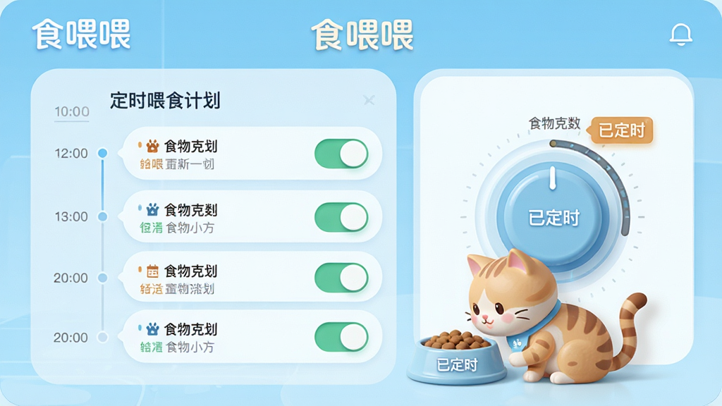 ���壺ʳιιӦ�ý���չʾ����ʱιʳ�ƻ���ҳ�棬�����С�ʳιι��Ʒ�Ʊ�ʶ�����֣����Ϊʱ�����б����Ҳ�Ϊʳ�����������ť���Ű棺��������Ϣ���У�ÿ��ƻ�������״̬����񣺿Ƽ�������ܰ��ϣ�ǳ��ɫ������ϸ�ڣ�������һֻ��ͨè������ʳ�裬�Ա���ʾ���Ѷ�ʱ����ǩ�����ʣ�������Ⱦ���ɾ��������޶���Ԫ�ء�