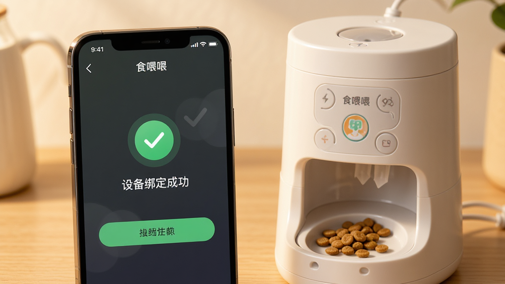 ���壺һ���ֻ���ʾʳιιAPP�ġ��豸�󶨳ɹ������棬�Ա���ʵ������ιʳ�������֣��ֻ����豸���Űڷţ��ֻ���Ļ�жԹ��������Ű棺�����࣬��ť���������ʵ����UI��ϣ�ů�⻷����ϸ�ڣ��ֻ���Ļ�С�ʳιι�����ƣ��豸������������è�������ʣ��߷ֱ��ʣ��ɾ��������޶���Ԫ�ء�
