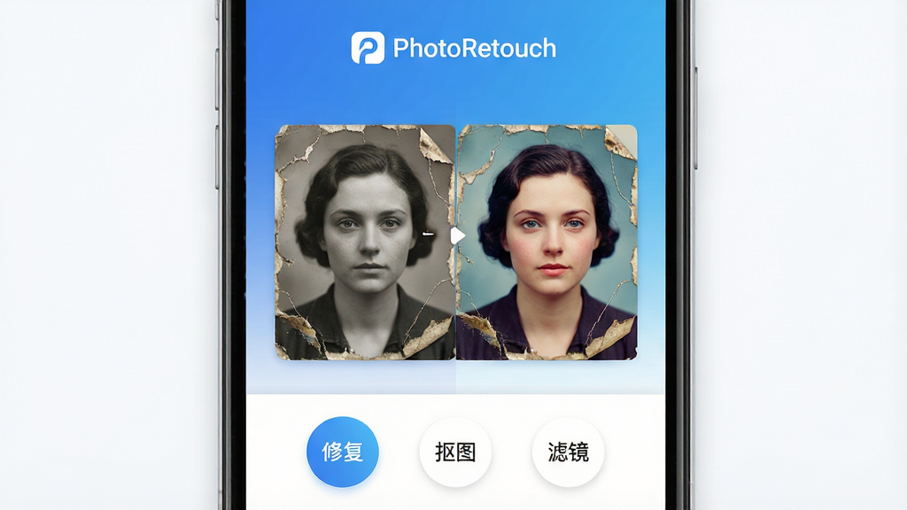 һ�������ֻ���Ļ��ʾPhotoRetouch���������棬�����񼫼��ƽ���������С�PhotoRetouch��Ʒ��Logo���м�չʾһ���Ͼ�������Ƭ���ڱ�AI�޸��ĶԱ�Ԥ��ͼ�����Ϊԭͼ���Ҳ�Ϊ�޸����������ɫЧ�����ײ��Ų����޸�������ͼ�����˾�����Բ�ι��ܰ�ť������ɫ�������׽���Ϊ���������ɾ����������ʸ��壬�޶���Ԫ��
