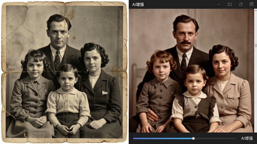 һ�Ų��ŶԱ�ͼ�������һ�ŷ��������ۺۺ����յĹ��Ϻڰ׼�ͥ��Ӱ���Ҳ���PhotoRetouch�����޸����ͬһ����Ƭ�������������ɾ����ָ�����Ȼ��ůɫ���������沿ϸ�ڷḻ������������ʵ���޸����̽�����ʾ�������롰AI��ǿ��������������רҵ������ϸ�壬�ɾ��޶���Ԫ��