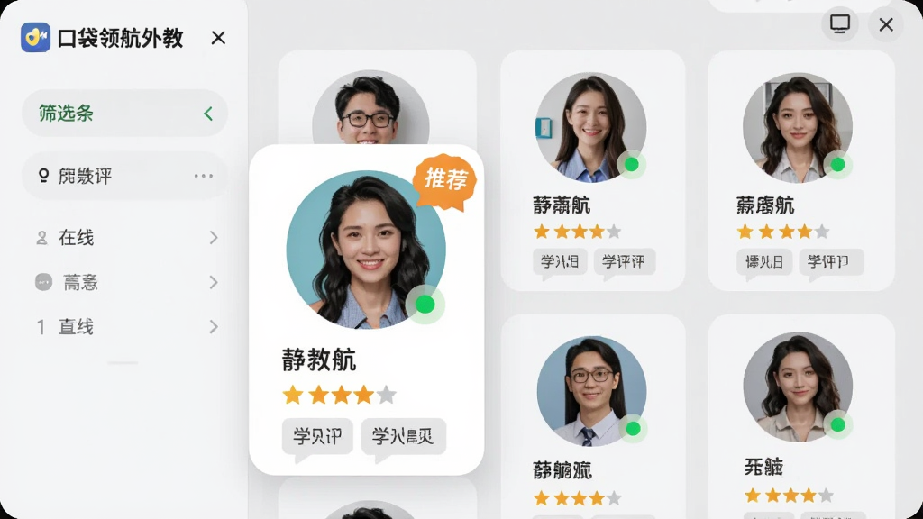 ��������Ϊ���ڴ��캽��̡�APP�����ѡ��ҳ�棬�������ж�λ��̵�Բ��ͷ��Ƭ��ÿλ����·���ʾ�������������ó���ǩ������һλ��̿�Ƭ���Ŵ󲢴��С��Ƽ������¡�����Ϊ���ҷ����������ɸѡ���������Ҳ�����̿�Ƭ�ٲ������Ű���ÿ�Ƭʽ��ƣ�Բ�Ǿ��Σ�����Ϊǳ��ɫ�����������»��á�ϸ�ڰ�������Ǽ����֡�ѧԱ�������ݡ�����״̬�̵㡣����ϸ�壬ɫ����ͣ��޶���װ��Ԫ�أ�ͻ������ƥ�����ѡ���Ե��ص㡣