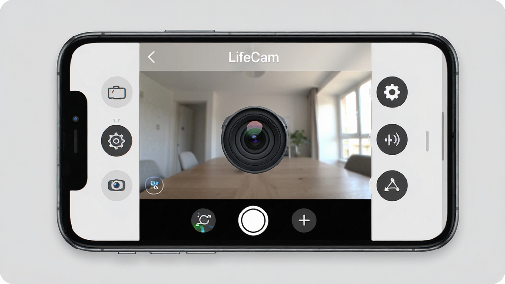 LifeCamӦ��������չʾ���ֻ���Ļ����ʾ����ͷԤ�����棬��Χ�й��ܵ��ڰ�ť���������ִ�������Ϊǳ��ɫ�����ʸ��壬����������ϸ�ڷḻ���޶���Ԫ��