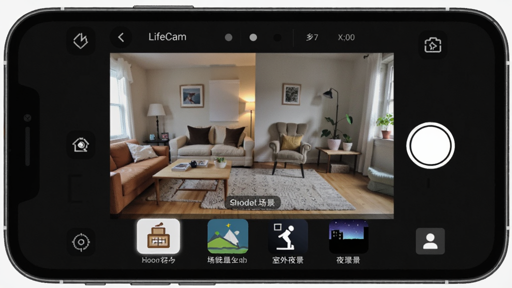 LifeCam����ģʽѡ����棬չʾ���ڡ����⡢ҹ���ȶ���ģʽͼ�꣬�ֻ�ȡ��������ʾ��Ӧ������Ԥ�����棬����ϸ�壬ɫ����Ȼ���޶���Ԫ��