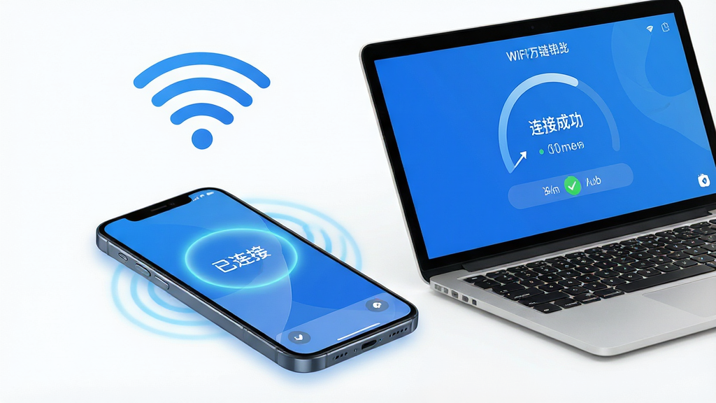 ���壺�����ֻ���ʼǱ����Բ��ŷ��ã���Ļ��չʾWiFi����Կ��APP�ġ����ӳɹ������档���֣��ֻ�����ԳʶԽ������У��Ӿ�ƽ�⡣�Ű棺ǰ��Ϊ�ֻ�����Ϊ���ԣ��Ϸ������������ź�ȫ��ͼ�ꡣ�����������������ɫ����ϸ�ڣ��ֻ���Ļ��ʾ�������ӡ���������Χ������Ĺ��α�ʾ�����ȶ���������Ļ��ʾ���ٽ�������ʣ����壬�ɾ����޶���Ԫ�ء�