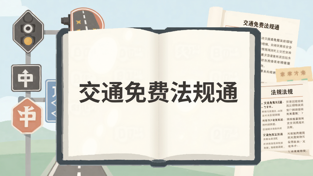 一本打开的电子书样式,页面显示“交通免费法规通”字样,背景有道路交通标志和法规条文,风格扁平化插画,色彩淡雅,布局居中,画质清晰,干净无多余元素。
