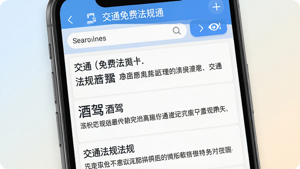 智能手机界面上显示搜索“酒驾”后的结果列表,每条结果都清晰展示法规标题和摘要,背景为浅色渐变,顶部有“交通免费法规通”应用栏,风格写实,界面元素清晰,画质细腻,无多余元素。