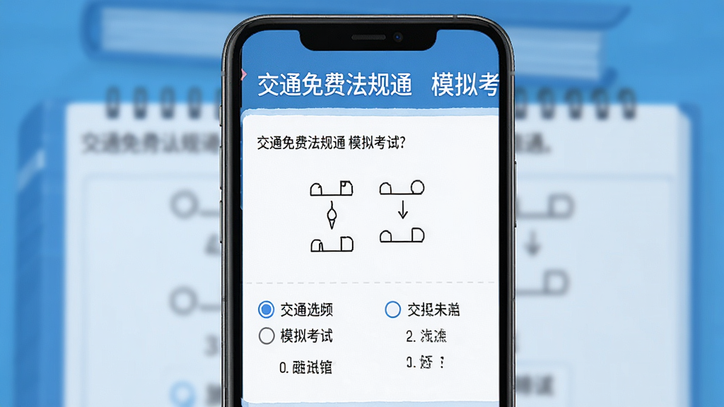 手机屏幕上显示模拟答题界面,一道选择题下方有四个选项,顶部有“交通免费法规通 模拟考试”字样,背景为蓝色学习风格,界面简洁,画质清晰,无多余元素。