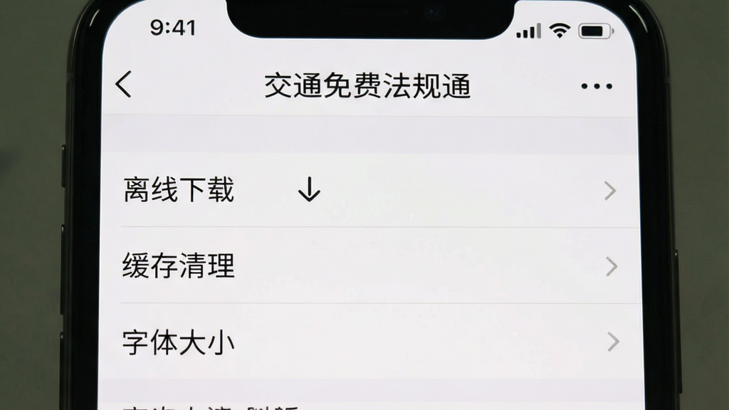 一幅手机截图风格图片,屏幕显示“交通免费法规通”的设置界面,有“离线下载”、“缓存清理”、“字体大小”等选项,背景为浅白色,风格简约,画质清晰,无多余元素。