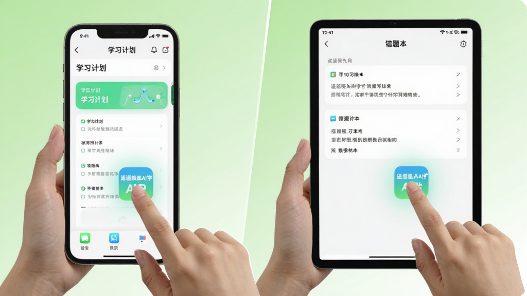 ��������Ϊ��ңң����AIѧ��APP���ֻ���ƽ���ϵ�ʹ�ó�����������ʾѧϰ�ƻ����棬������ʾ���Ȿ�����ֲ���˫�豸�Ա�չʾ������Ϊǳ��ɫ���䡣�Ű�ͻ��APP���Ĺ���ͼ�꣬���Ϊ�������������ϸ�ڰ����û���ָ�������淴����Ч�����ʸɾ���Ȼ���޶���Ԫ�ء�