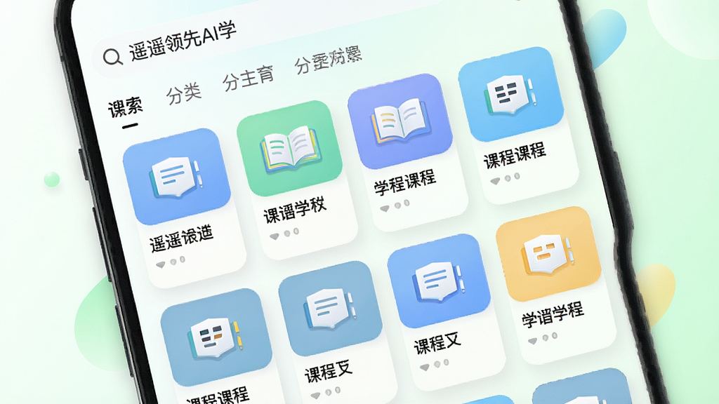 ��������Ϊ��ңң����AIѧ��APP�Ŀγ��б����棬��Ļ���������и�ѧ�ƿγ̿�Ƭ��ÿ�ſ�Ƭ��ѧ��ͼ����γ����ơ����ֲ����������У�����Ϊǳ��ɫ�뵭��ɫ��ͽ��䡣�Ű�淶������������������������ǩ�����Ϊ���½������ϸ�ڰ�����ƬԲ������Ӱ�����ʸɾ��������޶���װ�Ρ�