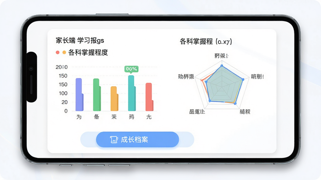 �ֻ���Ļ��չʾ�����ѧAPP�ļҳ���ѧϰ����ҳ�棬������ɫ��״ͼ���״�ͼ����ʾ�������ճ̶ȣ��·��С��ɳ���������ť������Ϊ���İ�ɫ��Ƭ��񣬴�����͵���Ӱ�����������ˬ�����ݿ��ӻ����������ʸɾ����޶���Ԫ��