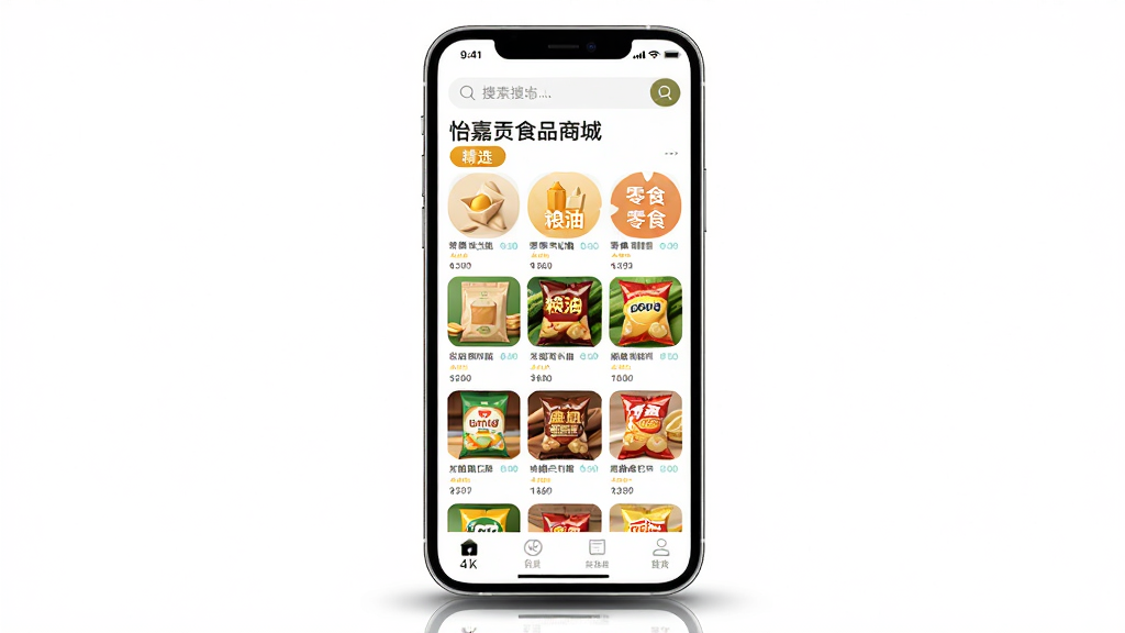 ���壺���ι�ʳƷ�̳�App�Ľ���չʾ���ֻ���Ļ����ʾ�̳���ҳ�������и���ʳƷ����ͼ�ꡣ���֣��ֻ����У���Ļ��չʾ����UI���棬��Χ���ף��ײ�����Ӱ���Ű棺��Լ�ִ������涥�������������·���Ʒ���������С���񣺸���дʵ������ͨ͸������ʳƷ���̷�Χ��ϸ�ڣ���Ļ��������ʾ�����ι�ʳƷ�̳ǡ�����������ѡ�������͡�����ʳ���ȱ�ǩ����ƷͼƬ���ˣ�ɫ�����ޡ����ʣ�4K���壬�ɾ����޶���Ԫ�ء�