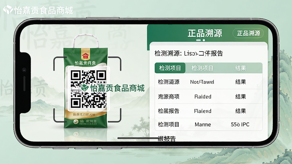���壺���ι�ʳƷ�̳�App�е���Ʒ��Դ���棬չʾ��ά��ɨ�輰��ⱨ��ҳ�档���֣��ֻ���Ļ������д�����Ϊ��Ʒʵ��ͼ���Ҳ�Ϊ���ֱ��档�Ű棺�����ԱȲ��֣���Ϣ�ֲ�չʾ�����רҵ���������������š�ϸ�ڣ���Ļ���С����ι�ʳƷ�̳ǡ�ˮӡ������Ʒ��Դ��������������������Ŀ���������ʣ�����ϸ�ڣ��ɾ����޶���Ԫ�ء�