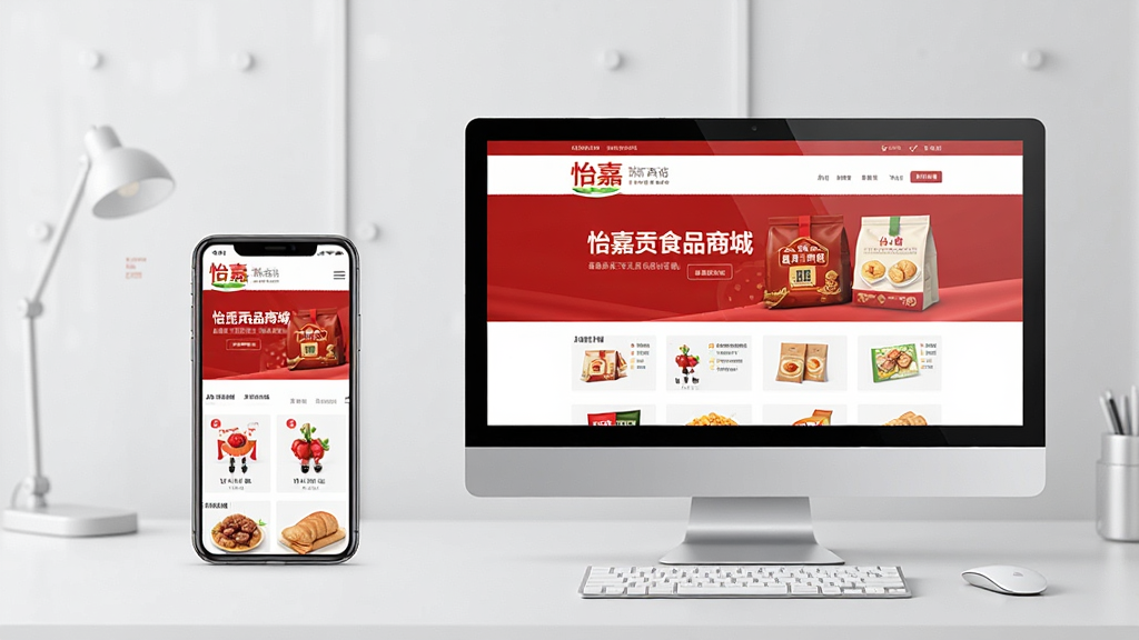 ���壺һ�������ֻ���һ̨���Բ��ŷ��ã���Ļ�϶���ʾ���ι�ʳƷ�̳ǵĹ�����档���֣����ҶԳƣ��ֻ����󣬵������ҡ��Ű棺���ƽ�⣬����Ϊǳ��ɫ������ִ��칫������ϸ�ڣ��ֻ��͵�����Ļ����ʾ�����ι�ʳƷ�̳ǡ���ҳ�������������޶������֡����ʣ����壬�ɾ����޶���Ԫ�ء�