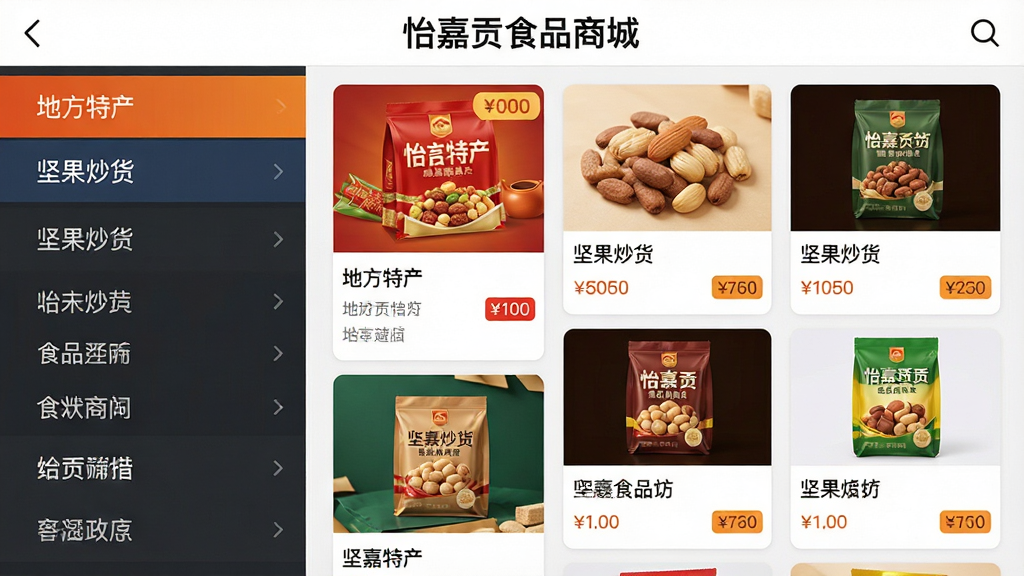 ���壺���ι�ʳƷ�̳�App�ķ���ɸѡ���档���֣����Ϊ��ֱ��Ŀ�б����Ҳ�Ϊ��Ʒ�ٲ������Ű棺���ҷ�������Ŀ������ʾ����񣺱�ƽ����ƣ�ɫ�����졣ϸ�ڣ���Ŀ�������ط��ز���������������ȣ��Ҳ���Ʒ��Ƭ���۸��ǩ����Ļ�Ϸ��С����ι�ʳƷ�̳ǡ����������ʣ��������ȣ��������࣬�޶���Ԫ�ء�