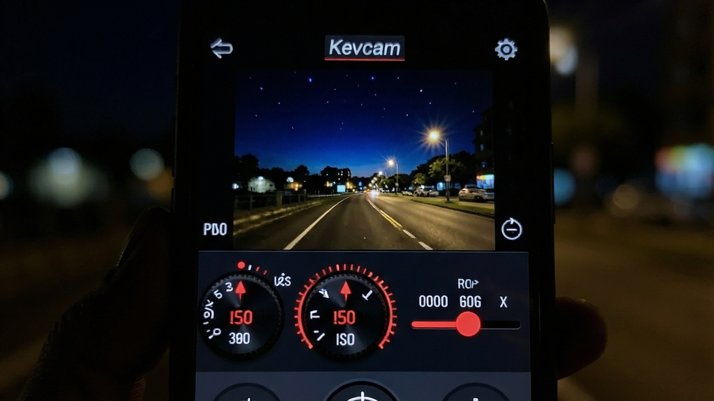 ���壺�ֻ���Ļ��д����ʾKevcam�ֶ����ڽ��棬���������ٶȡ�ISOת�̺ͽ��໬�飬����Ϊ����ҹ�������֣�����ת��λ����Ļ�·�������Ϊʵʱȡ�����棻�Ű棺ת�̺ͻ������н��գ���ֵ��ʾ�����������ɫרҵ��񣬺�ɫ��׺������ֵ��ϸ�ڣ���Ļ�����С�Kevcam����ʶ��ҹ�����洿�������ʣ��͹��������Ⱦ���ɾ�����㡣