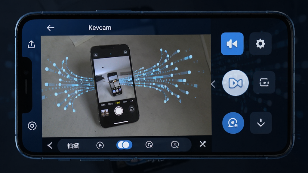 ���壺һ�������ֻ���Ļ��ʾKevcamӦ�ý��棬��������ʵʱȡ������ͼ��Ŀ��ư�ť������������һ̨����¼����Ƶ���ֻ����ֻ���Χ�д�����Ƶ�����������������֣��ֻ����ڻ�������ƫ���Ҳ�ֲ����ܰ�ťͼ�꣬���幹ͼƽ�⣻�Ű棺����Ԫ���������У��ײ�������ģʽ�л���������ִ��Ƽ��У�������ɫ��Ϊ����������ɫ������ϸ�ڣ���Ļ����ʾ��Kevcam��������������������Ӱ��Ȼ�����ʣ�������Ⱦ���ɾ��޶���Ԫ�ء�