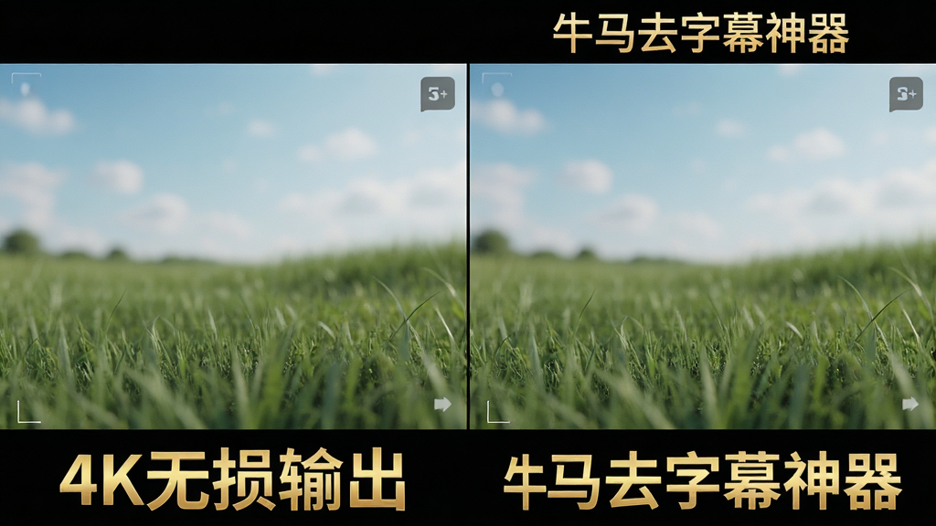 ��д��ʾ��Ƶ�༭ǰ��ԱȻ��棬��벿��Ϊ������Ļ����Ƶԭ֡���Ұ벿��Ϊʹ�á�ţ��ȥ��Ļ�������������ͬһ֡���棬��Ļ��ȫ��ʧ�������ݵ������������Ȼ�νӣ������·���ע��4K�����������ɫ��������������ͨ͸��ϸ�ھ��£����ʼ��ѣ��޶���Ԫ�ء�