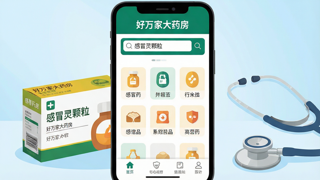 һ�������ֻ���Ļ��д����Ļ����ʾ������Ҵ�ҩ����APP����ҳ���棬�Ϸ��������С���ð��������������в��Ǹ���ҩƷ����ͼ�꣬�·�Ϊ���ܵ��������ֻ��Ա߷�����һ�и�ðҩ��������������Ϊ����ɫ���䣬���廭��ɾ����������ı�ƽ�廭���ͻ�����Ϲ�ҩ�ı�ݳ��������ʸ���ɾ����޶���Ԫ�ء�